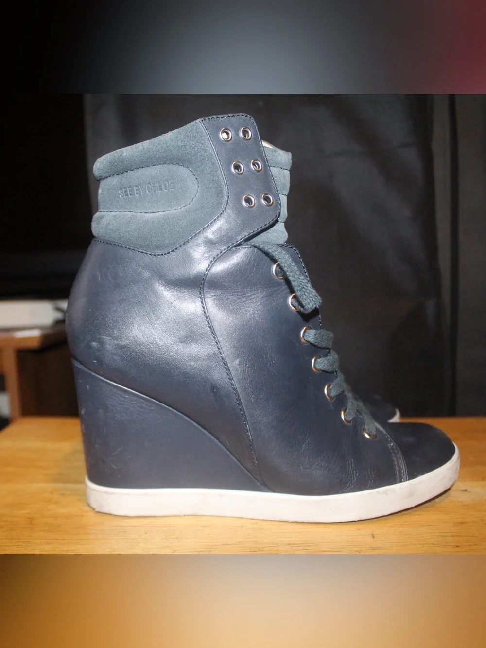 See By Chloe Black Wedge Lace-Up High Sneakers